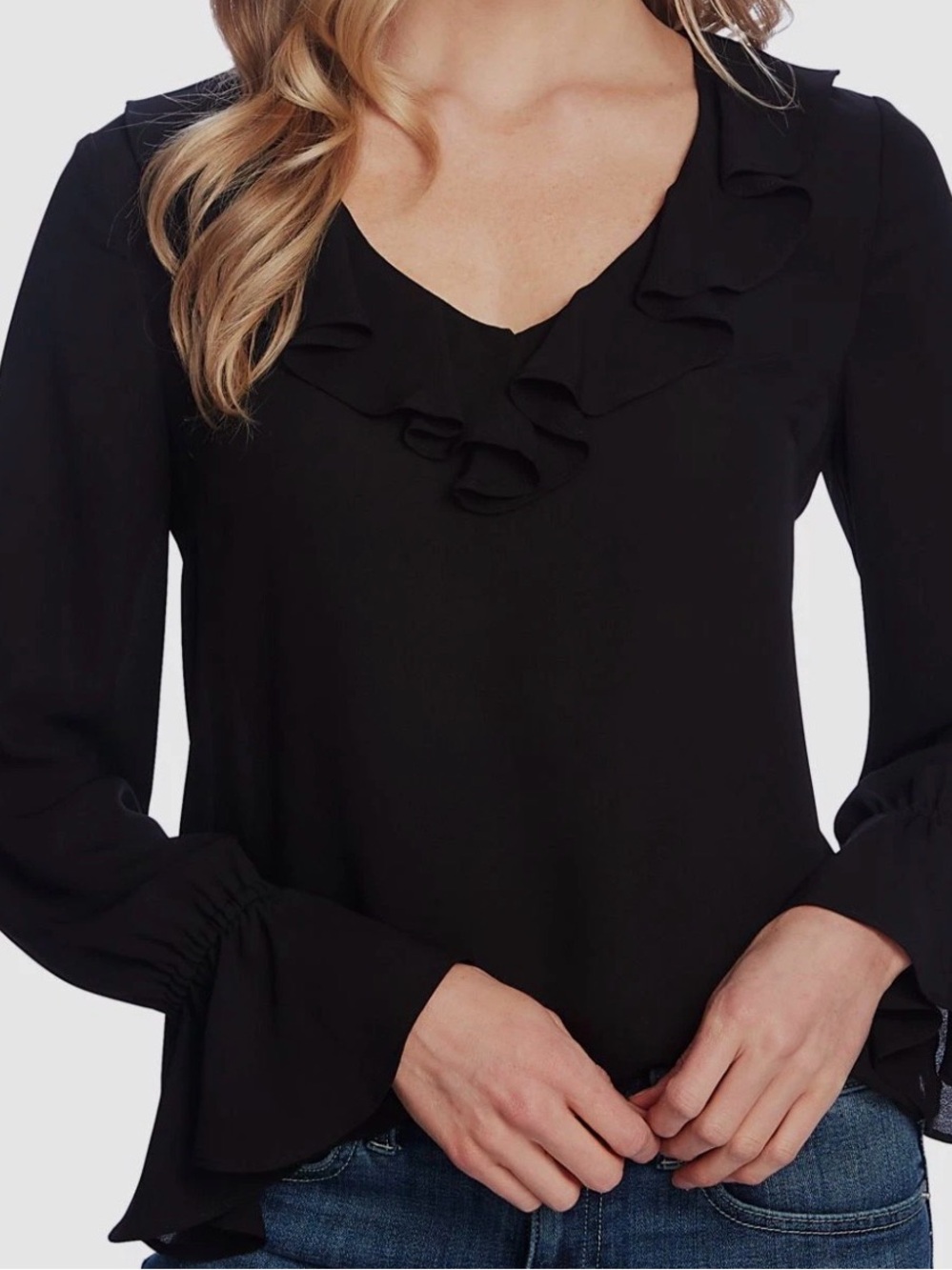 🛍️NWT CeCe Black XS Black Ruffle V-Neck Long Sleeve Blouse
